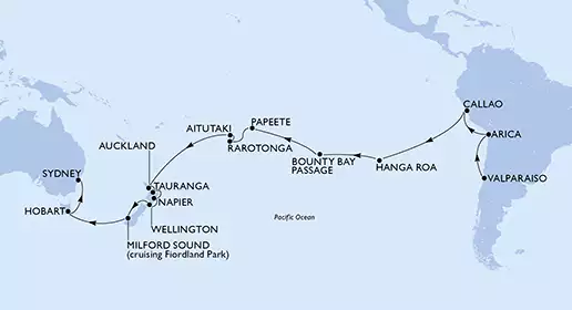 Chile, Peru, Pitcairn, French Polynesia, Cook Islands, New Zealand, Australia