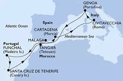 MSC OPERA - trasa 11 nocy podróż z: Civitavecchia, Italy w dniu 25/01/2020 - Italy, Spain, Portugal, Morocco