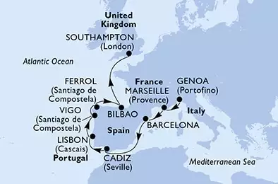 MSC MAGNIFICA - trasa 10 nocy podróż z: Genoa, Italy w dniu 04/05/2021 - Italy, France, Spain, Portugal, United Kingdom
