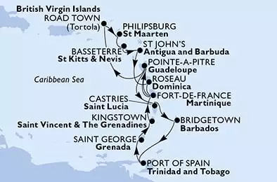 MSC SEAVIEW - trasa 14 nocy podróż z: Fort de France, Martinique w dniu 12/03/2022 - Martinique, Guadeloupe, Saint Lucia, Barbados, Trinidad and Tobago, Grenada, Saint Vincent & The Grenadines, Virgin Islands (British), Netherlands Antilles, Saint Kitts and Nevis, Antigua and Barbuda, Dominica
