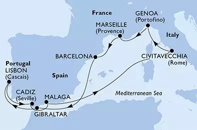 Marseille,Barcelona,Gibraltar,Lisbon,Cadiz,Malaga,Civitavecchia,Genoa,Marseille