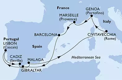 Barcelona,Gibraltar,Lisbon,Cadiz,Malaga,Civitavecchia,Genoa,Marseille,Barcelona
