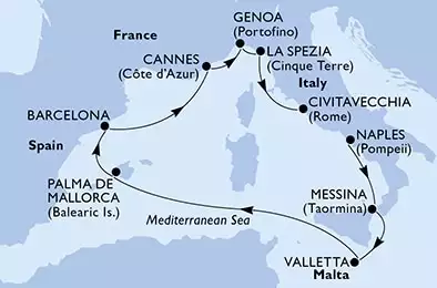 Naples,Messina,Valletta,Palma de Mallorca,Barcelona,Cannes,Genoa,La Spezia,Civitavecchia
