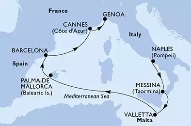 Naples,Messina,Valletta,Palma de Mallorca,Barcelona,Cannes,Genoa
