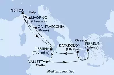 Civitavecchia,Genoa,Livorno,Messina,Valletta,Piraeus,Katakolon,Civitavecchia