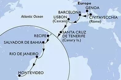 Genoa,Civitavecchia,Barcelona,Lisbon,Santa Cruz de Tenerife,Recife,Salvador,Rio de Janeiro,Montevideo