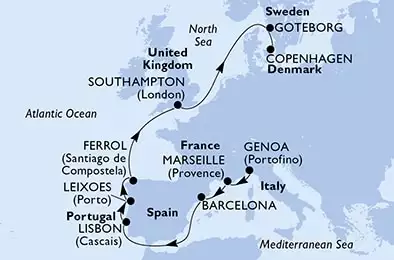 Genoa,Marseille,Barcelona,Lisbon,Leixoes,Ferrol,Southampton,Goteborg,Copenhagen