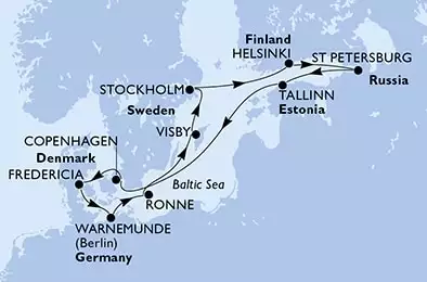 Copenhagen,Fredericia,Warnemunde,Ronne,Visby,Stockholm,Helsinki,St Petersburg,St Petersburg,Tallinn,Copenhagen