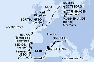 Marseille,Barcelona,Lisbon,Leixoes,Ferrol,Southampton,Goteborg,Copenhagen,Warnemunde