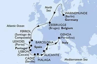 Warnemunde,Zeebrugge,Ferrol,Leixoes,Lisbon,Cadiz,Malaga,Alicante,Barcelona,Genoa