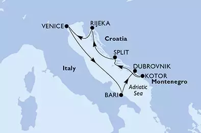Venice,Bari,Dubrovnik,Kotor,Split,Rijeka,Venice