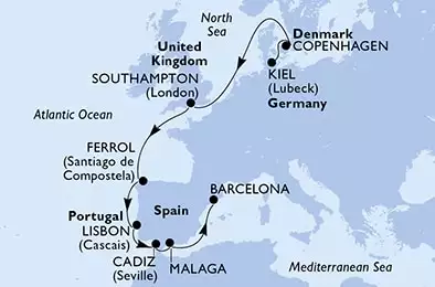 Kiel,Copenhagen,Southampton,Ferrol,Lisbon,Cadiz,Malaga,Barcelona