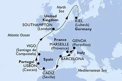 Marseille,Genoa,Barcelona,Cadiz,Lisbon,Vigo,Southampton,Kiel