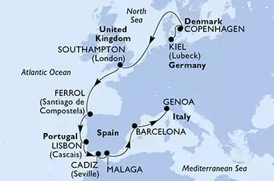 Kiel,Copenhagen,Southampton,Ferrol,Lisbon,Cadiz,Malaga,Barcelona,Genoa