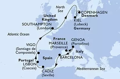 Marseille,Genoa,Barcelona,Cadiz,Lisbon,Vigo,Southampton,Kiel,Copenhagen