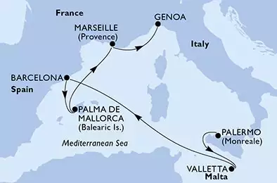 Palermo,Valletta,Barcelona,Palma de Mallorca,Palma de Mallorca,Marseille,Genoa