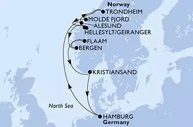 Hamburg,Alesund,Trondheim,Molde Fjord,Hellesylt/Geiranger,Bergen,Flaam,Kristiansand,Hamburg Cruise Parade,Hamburg