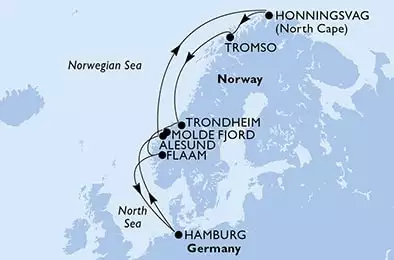 Hamburg,Alesund,Honningsvag,Tromso,Trondheim,Molde Fjord,Flaam,Hamburg