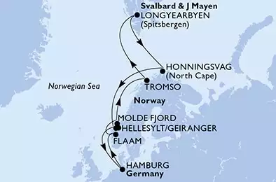 Hamburg,Flaam,Molde Fjord,Tromso,Longyearbyen,Honningsvag,Hellesylt/Geiranger,Hamburg