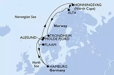 Hamburg,Alesund,Honningsvag,Alta,Trondheim,Molde Fjord,Flaam,Hamburg