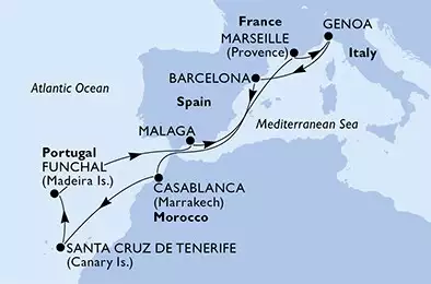 Barcelona,Casablanca,Santa Cruz de Tenerife,Funchal,Malaga,Marseille,Genoa,Barcelona