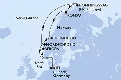 Kiel,Bergen,Honningsvag,Tromso,Trondheim,Nordfjordeid,Kiel