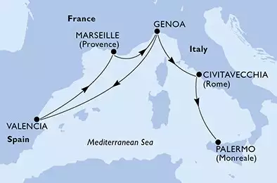 Genoa,Valencia,Marseille,Genoa,Civitavecchia,Palermo