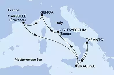 Taranto,Civitavecchia,Genoa,Marseille,Siracusa,Taranto