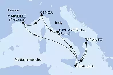 MSC SEASIDE - trasa 7 nocy podróż z: Taranto, Italy w dniu 27/10/2021 - Taranto,Civitavecchia,Genoa,Marseille,Siracusa,Taranto