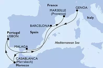 Genoa,Malaga,Casablanca,Lisbon,Lisbon,Barcelona,Marseille
