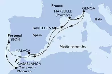 Marseille,Genoa,Malaga,Casablanca,Lisbon,Lisbon,Barcelona,Marseille