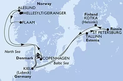 MSC SEAVIEW - trasa 14 nocy podróż z: Kiel,Germany w dniu 03/07/2021 - Kiel,Copenhagen,Hellesylt/Geiranger,Alesund,Flaam,Kiel,Copenhagen,Tallinn,St Petersburg,Kotka,Kiel
