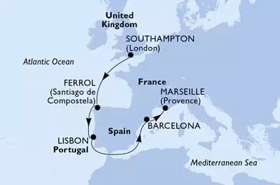 Southampton,Ferrol,Lisbon,Barcelona,Marseille