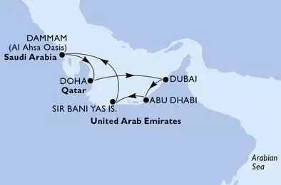 MSC WORLD EUROPA - trasa 7 nocy podróż z: Dubai,U.Arab Emirates w dniu 24/12/2022 - Dubai,Abu Dhabi,Sir Bani Yas,Dammam,Doha,Dubai