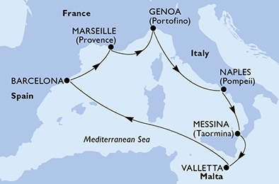 Marseille,Genoa,Naples,Messina,Valletta,Barcelona,Marseille