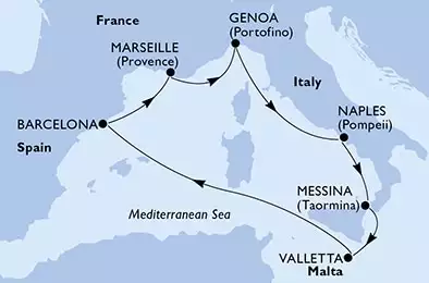 Barcelona,Marseille,Genoa,Naples,Messina,Valletta,Barcelona