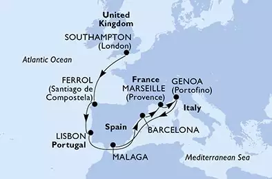 Southampton,Ferrol,Lisbon,Barcelona,Marseille,Genoa,Malaga