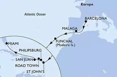 MSC SEASHORE - trasa 16 nocy podróż z: Barcelona, Spain w dniu 02/11/2021 - Spain,Portugal,Antigua and Barbuda,Netherlands Antilles,Virgin Islands (British),Puerto Rico,United States