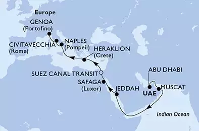 Abu Dhabi,Muscat,Jeddah,Safaga,Suez Canal South,Suez Canal North,Heraklion,Naples,Civitavecchia,Genoa