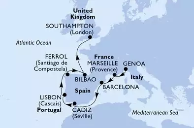 Genoa,Marseille,Barcelona,Cadiz,Lisbon,Ferrol,Bilbao,Southampton