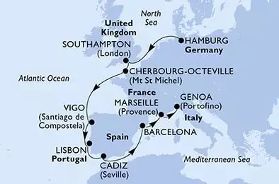 Hamburg,Southampton,Cherbourg,Vigo,Lisbon,Cadiz,Barcelona,Marseille,Genoa