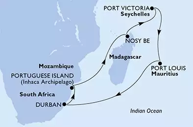 MSC ORCHESTRA  - trasa 14 nocy podróż z: Durban, South Africa w dniu 26/12/2022 - Durban,Portuguese Island,Nosy Be,Port Victoria,Port Louis,Durban