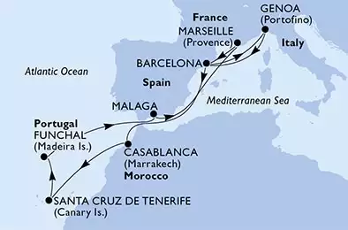 Marseille,Barcelona,Genoa,Barcelona,Casablanca,Santa Cruz de Tenerife,Funchal,Malaga,Marseille