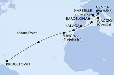 Barcelona,Marseille,Genoa,Ajaccio,Malaga,Funchal,Bridgetown