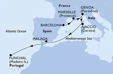 Barcelona,Marseille,Genoa,Ajaccio,Malaga,Funchal