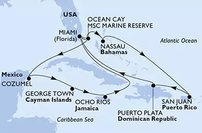Miami,Ocean Cay,Cozumel,George Town,Ocho Rios,Miami,Ocean Cay,Nassau,San Juan,Puerto Plata,Miami