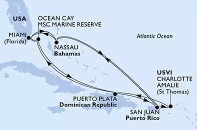MSC SEASCAPE - trasa 15 nocy podróż z: Miami, United States w dniu 18/12/2022 - Miami,Nassau,San Juan,Charlotte Amalie,Puerto Plata,Ocean Cay,Miami,Ocean Cay,Puerto Plata,San Juan,Nassau,Miami