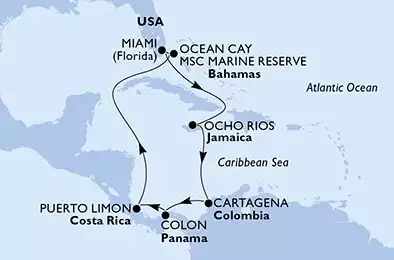 MSC DIVINA - trasa 10 nocy podróż z: Miami, United States w dniu 18/11/2022 - Miami,Ocho Rios,Cartagena,Colon,Puerto Limon,Ocean Cay,Miami