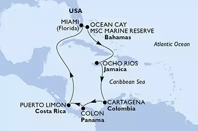 MSC DIVINA - trasa 10 nocy podróż z: Miami, United States w dniu 30/12/2022 - Miami,Ocean Cay,Ocho Rios,Cartagena,Colon,Puerto Limon,Miami