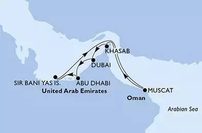 MSC OPERA - trasa 7 nocy podróż z: Dubai,U.Arab Emirates w dniu 12/03/2023 - Dubai,Abu Dhabi,Sir Bani Yas,Muscat,Khasab,Dubai